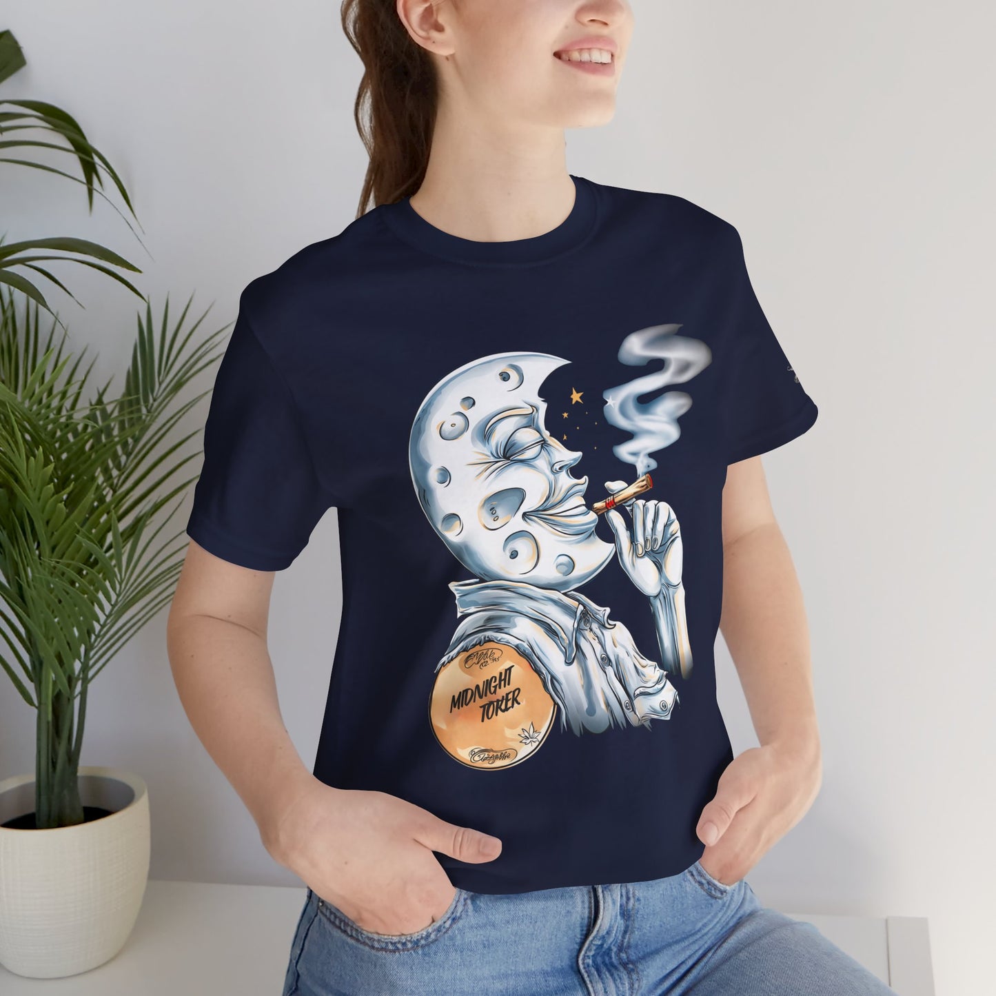 Midnight Toker Moon Tee - Celestial Cannabis Art Design | High Roller