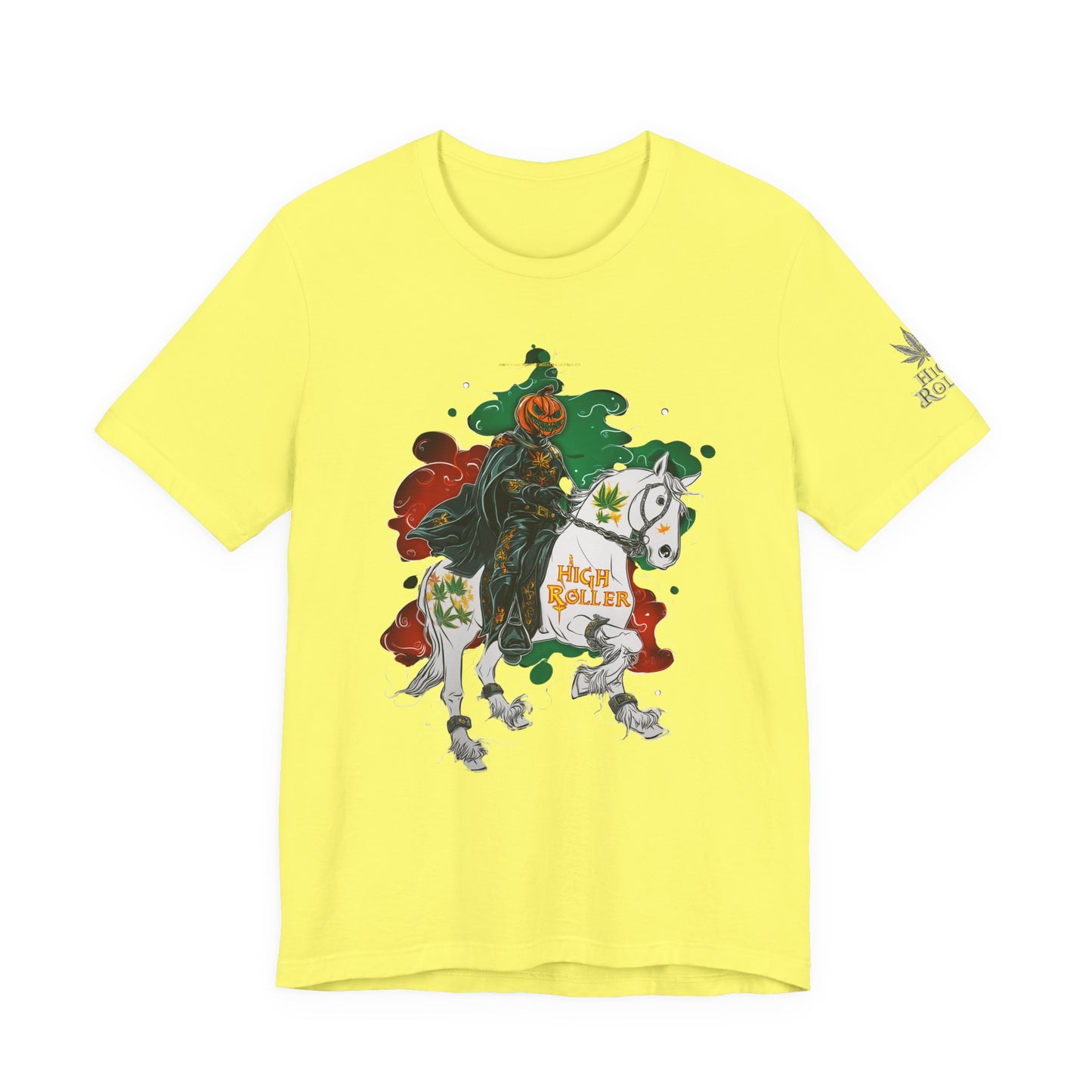 Headless Horseman HIGH ROLLER Halloween Cannabis T-Shirt - Premium Pumpkin Rider Skeletal Steed 420 Apparel