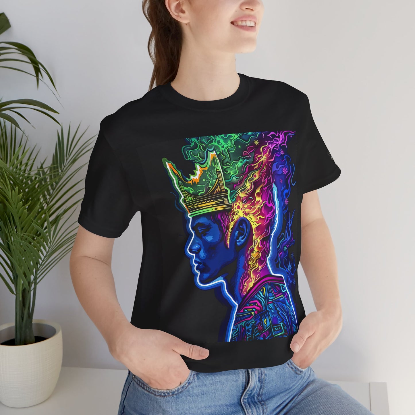 Crown Of Consciousness Premium Cannabis Culture Black T-Shirt - Neon Psychedelic Queen With Rainbow Smoke Crown And Urban Fashion Elements