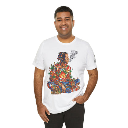 High Roller Meditation Mosaic Cannabis T-Shirt - Premium 420 Hip-Hop Zen Cross-Legged Street Culture Artistic Collage Apparel