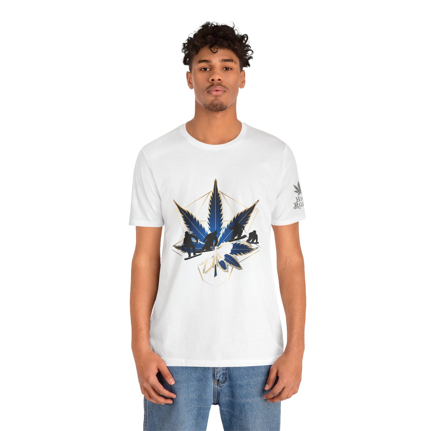 Sacred Geometry Snowboard Premium Cannabis Culture T-Shirt - Emerald Green Tee With Action Sports And Crystalline Cannabis Geometric Mandala
