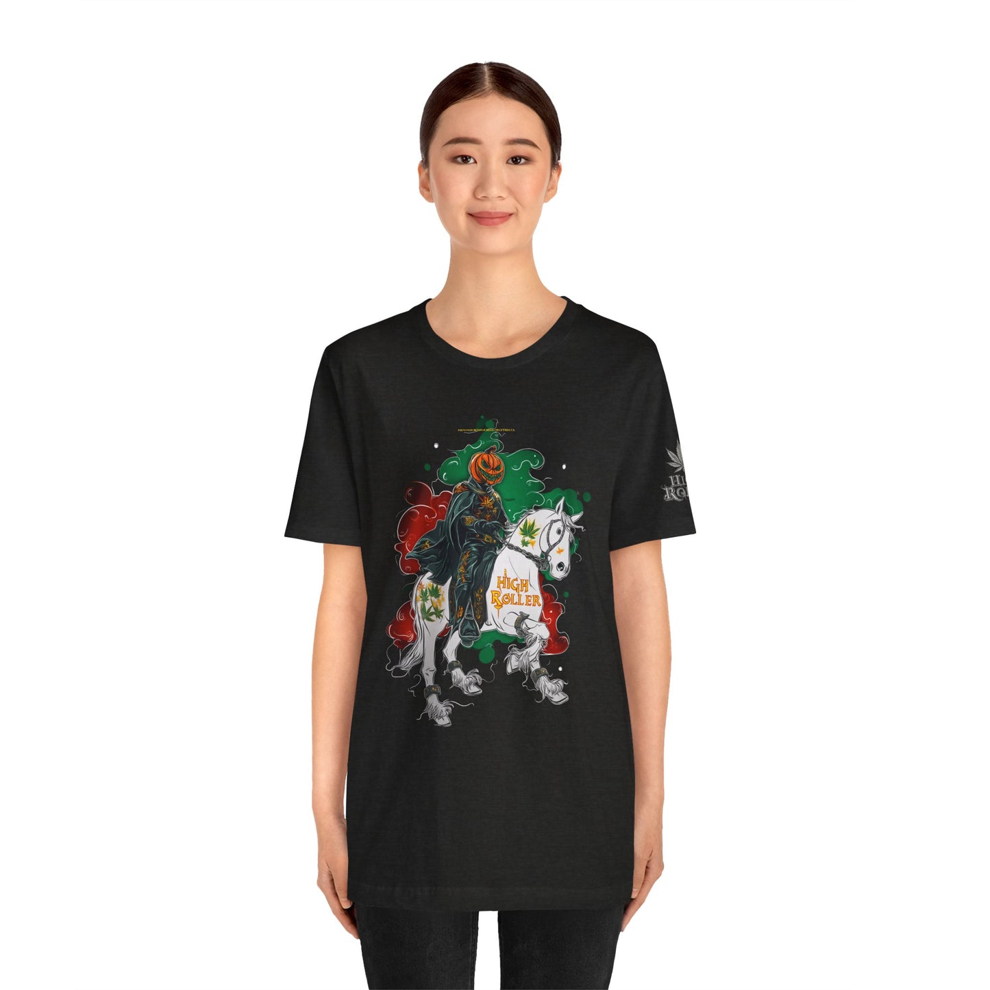 Headless Horseman HIGH ROLLER Halloween Cannabis T-Shirt - Premium Pumpkin Rider Skeletal Steed 420 Apparel