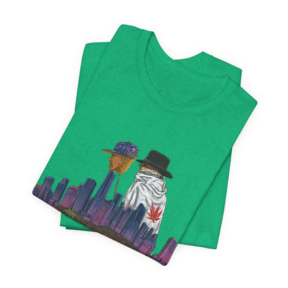High Roller Urban Legends Cannabis T-Shirt - Premium 420 City Skyline Street Culture Double Exposure Apparel