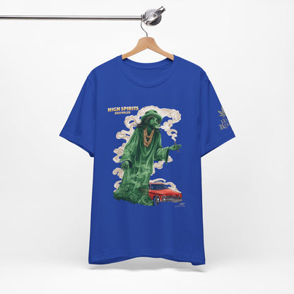 High Spirits HIGH ROLLER Halloween Cannabis Ghost T-Shirt - Premium Spectral Lowrider Phantom 420 Apparel