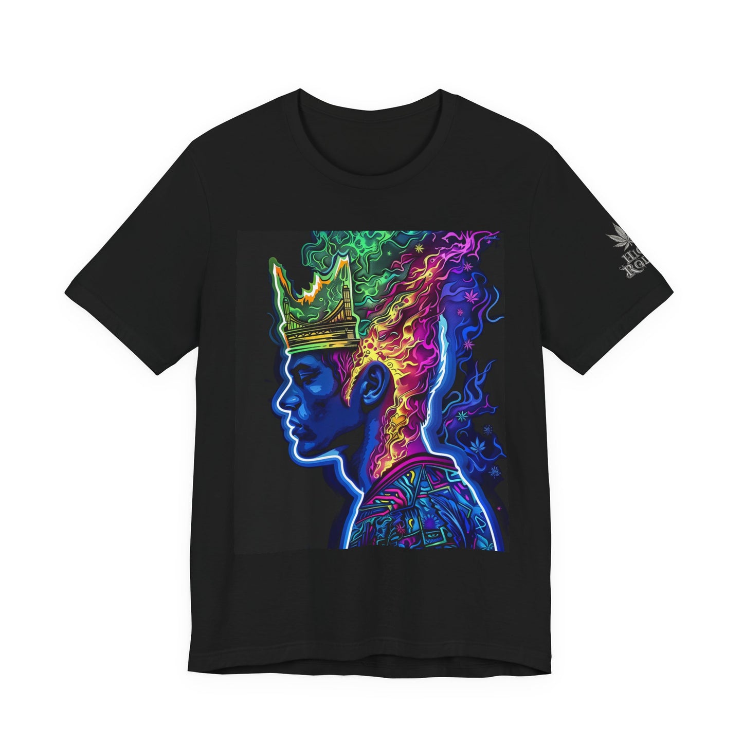 Crown Of Consciousness Premium Cannabis Culture Black T-Shirt - Neon Psychedelic Queen With Rainbow Smoke Crown And Urban Fashion Elements