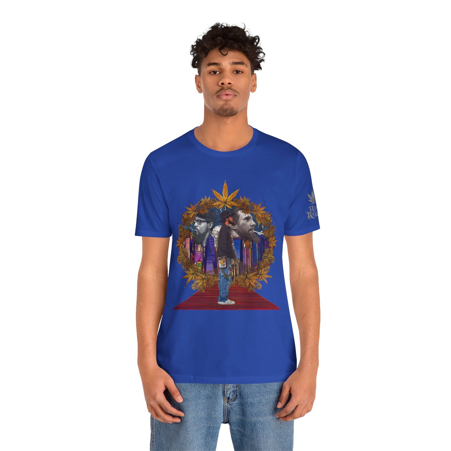 Red Carpet Royalty Premium Cannabis Culture T-Shirt - Hip-Hop Legends Tribute With Golden Cannabis Wreath And City Skyline