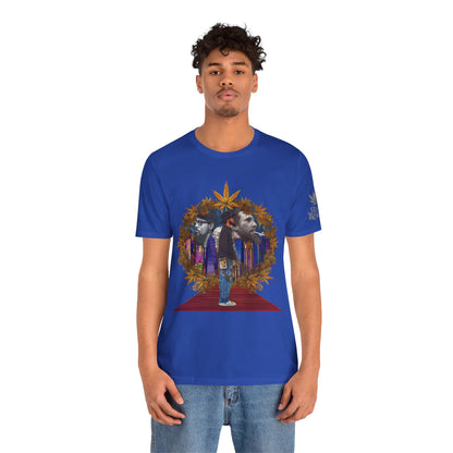 Red Carpet Royalty Premium Cannabis Culture T-Shirt - Hip-Hop Legends Tribute With Golden Cannabis Wreath And City Skyline
