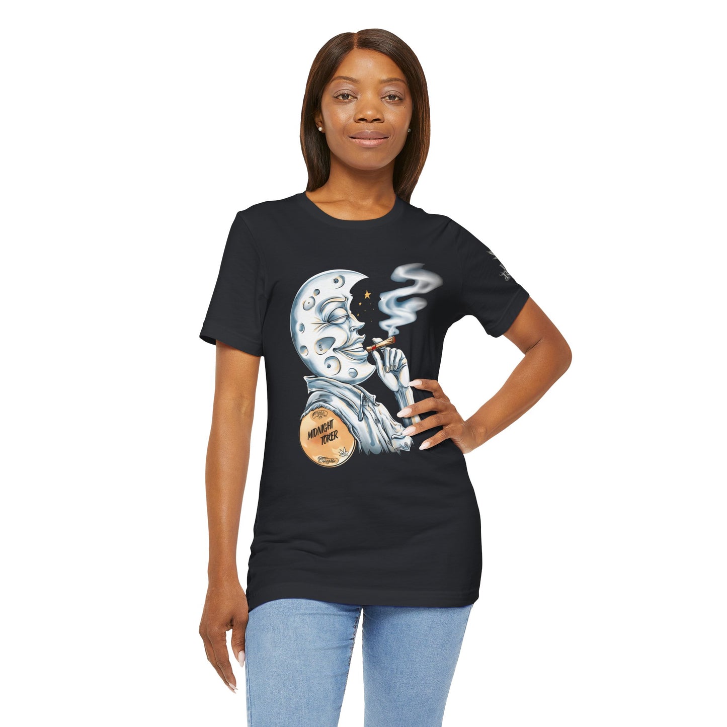 Midnight Toker Moon Tee - Celestial Cannabis Art Design | High Roller