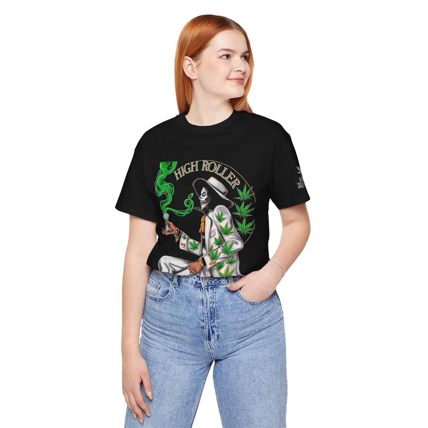 Skeletal HIGH ROLLER Halloween Cannabis Lounge T-Shirt - Premium Death's Day Off Botanical Relaxation 420 Apparel