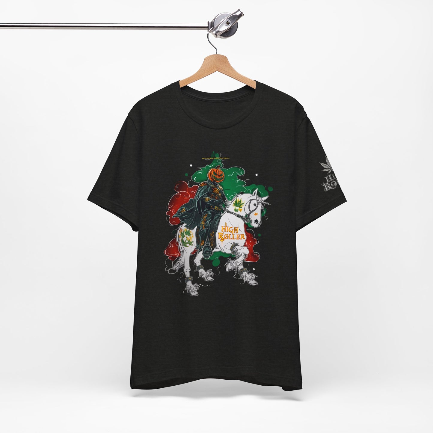Headless Horseman HIGH ROLLER Halloween Cannabis T-Shirt - Premium Pumpkin Rider Skeletal Steed 420 Apparel