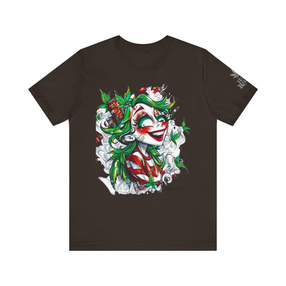High Roller Jester Queen Cannabis T-Shirt - Premium 420 Harlequin Beauty Holiday Celebration Apparel