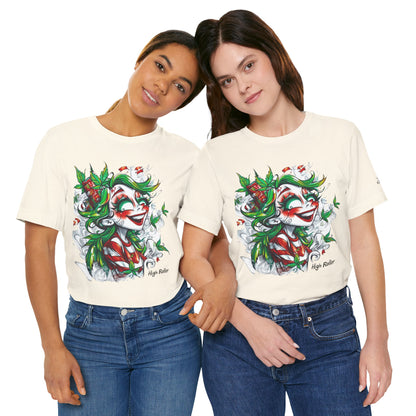High Roller Jester Queen Cannabis T-Shirt - Premium 420 Harlequin Beauty Holiday Celebration Apparel