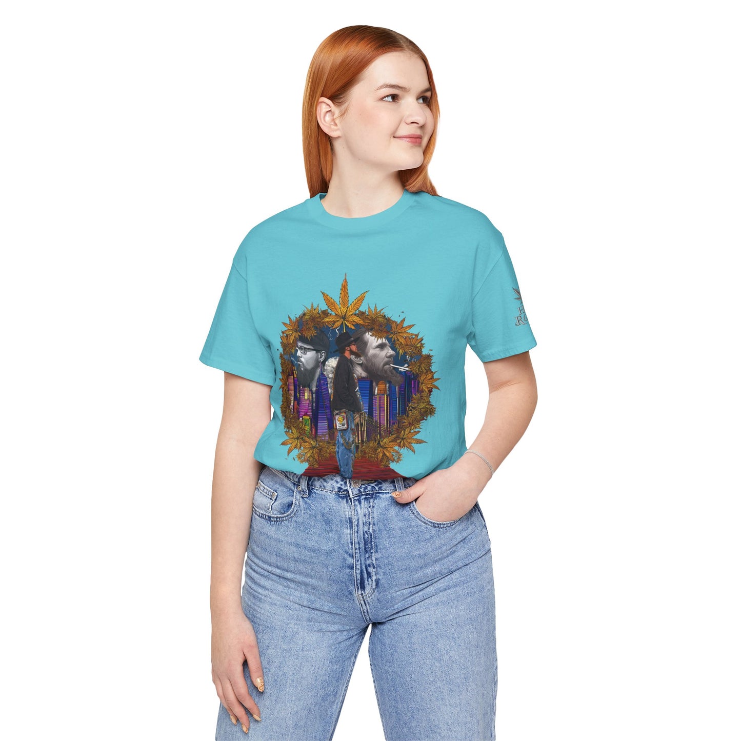 Red Carpet Royalty Premium Cannabis Culture T-Shirt - Hip-Hop Legends Tribute With Golden Cannabis Wreath And City Skyline