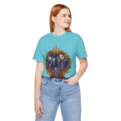 Red Carpet Royalty Premium Cannabis Culture T-Shirt - Hip-Hop Legends Tribute With Golden Cannabis Wreath And City Skyline
