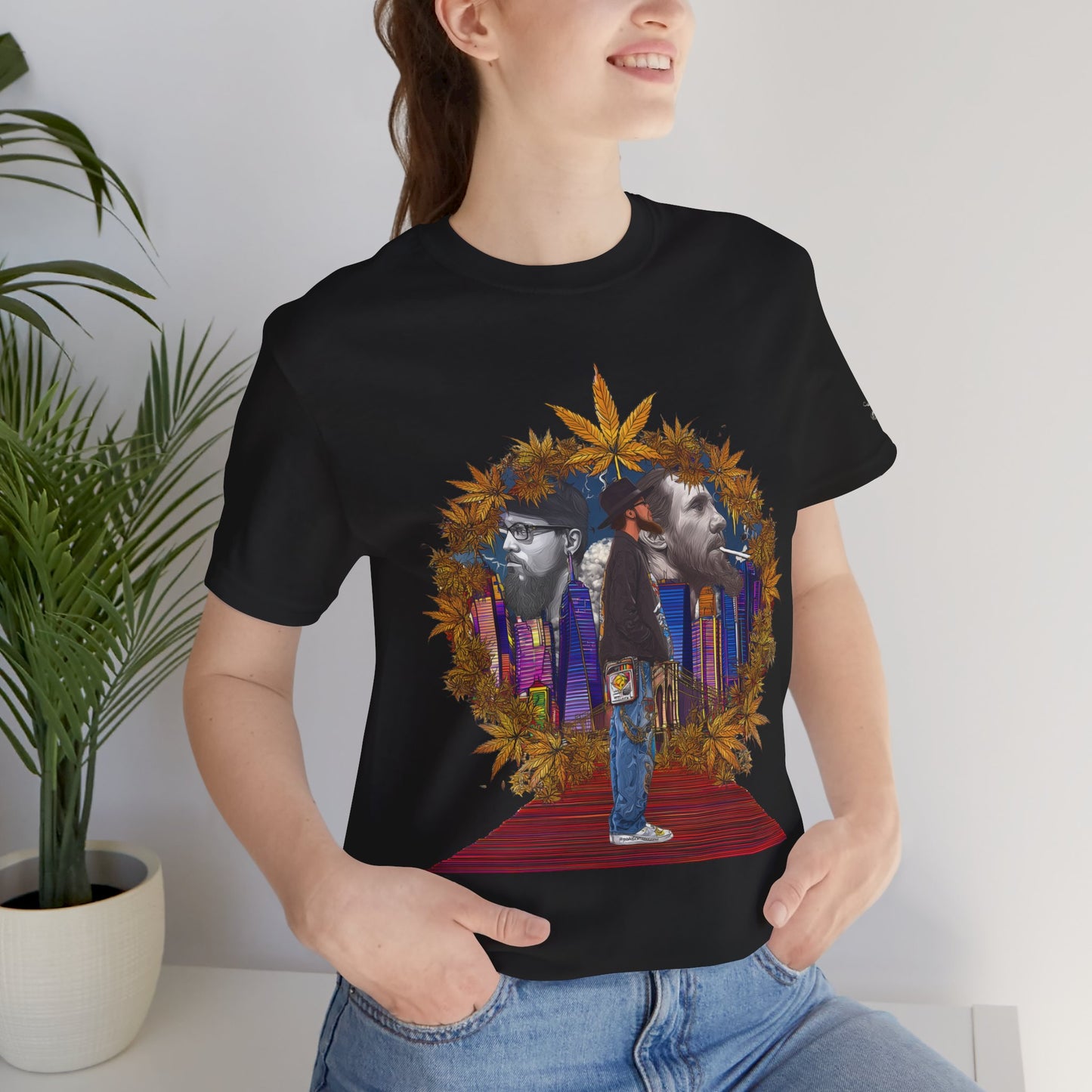 Red Carpet Royalty Premium Cannabis Culture T-Shirt - Hip-Hop Legends Tribute With Golden Cannabis Wreath And City Skyline