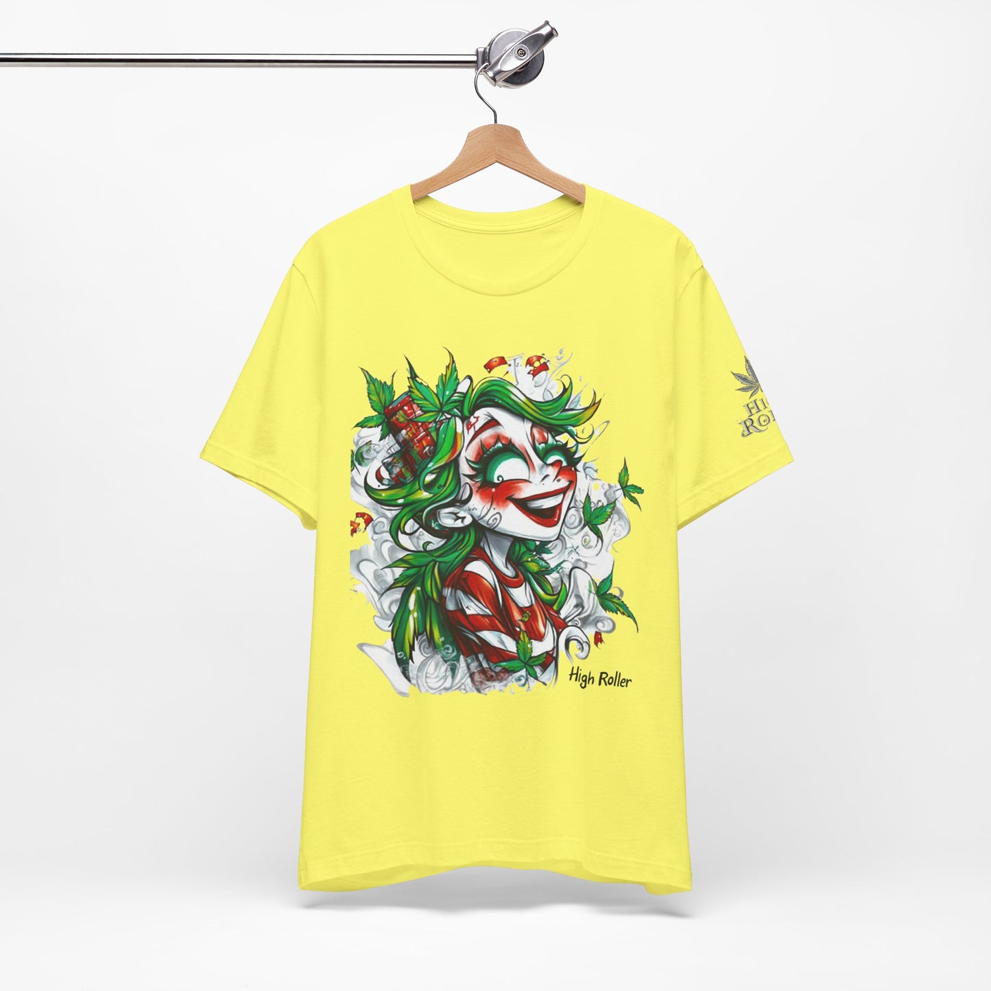 High Roller Jester Queen Cannabis T-Shirt - Premium 420 Harlequin Beauty Holiday Celebration Apparel