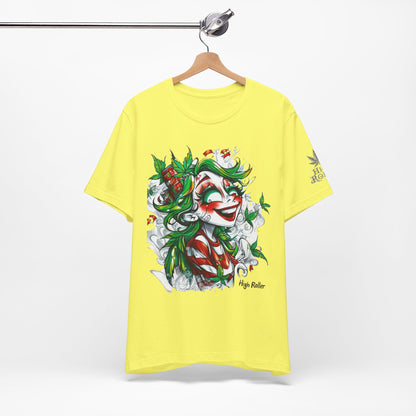 High Roller Jester Queen Cannabis T-Shirt - Premium 420 Harlequin Beauty Holiday Celebration Apparel