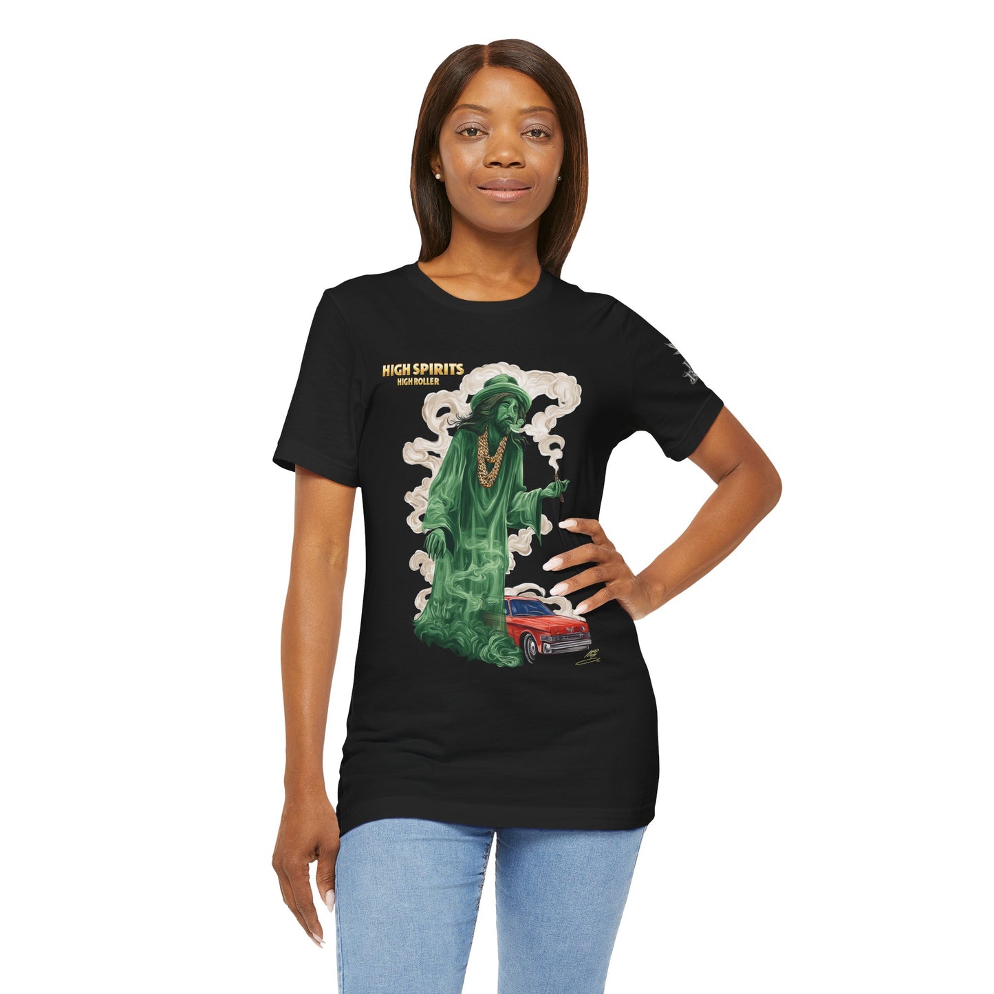 High Spirits HIGH ROLLER Halloween Cannabis Ghost T-Shirt - Premium Spectral Lowrider Phantom 420 Apparel