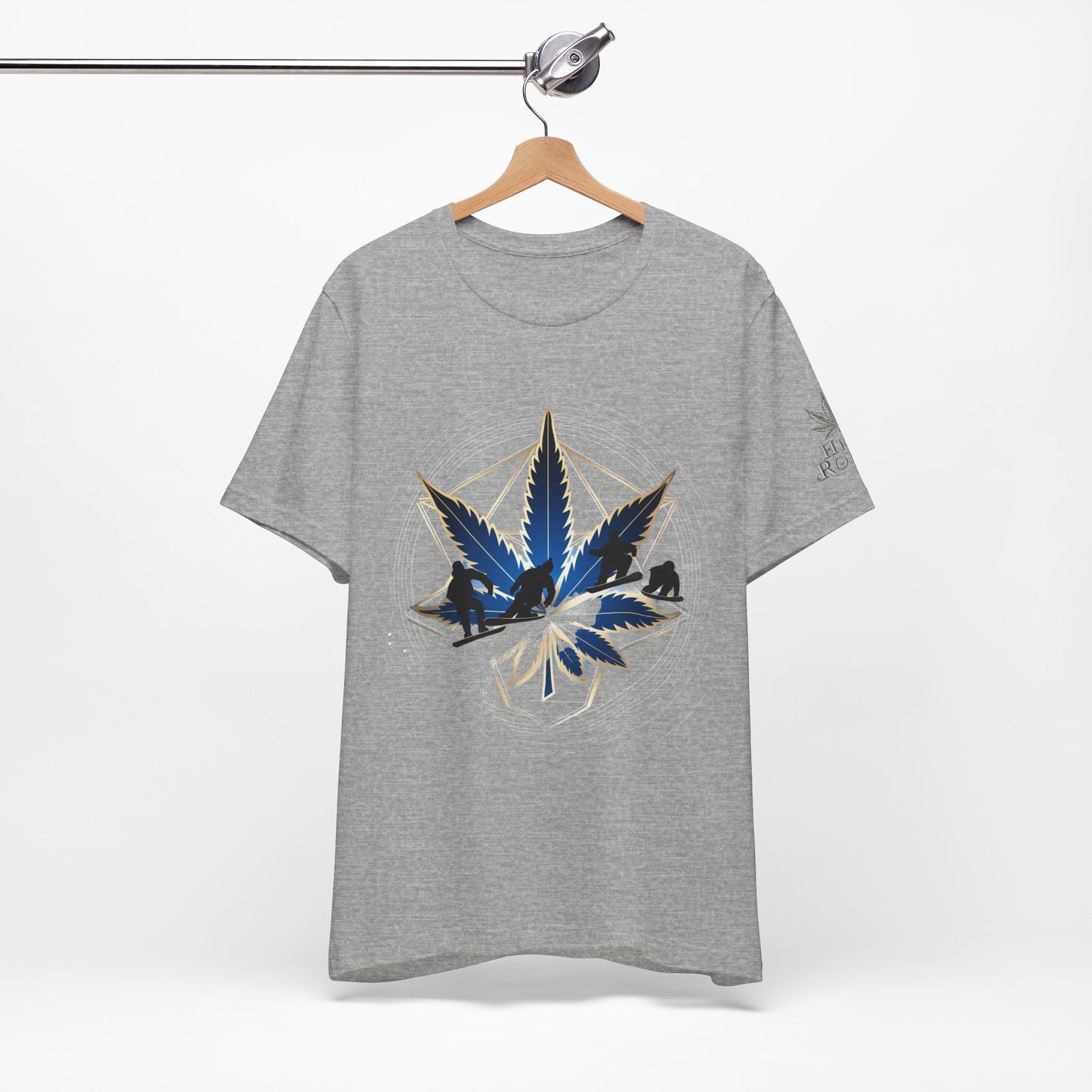 Sacred Geometry Snowboard Premium Cannabis Culture T-Shirt - Emerald Green Tee With Action Sports And Crystalline Cannabis Geometric Mandala