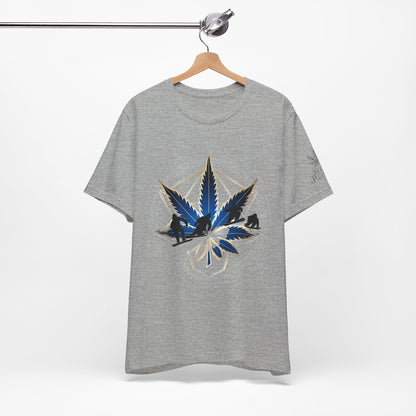 Sacred Geometry Snowboard Premium Cannabis Culture T-Shirt - Emerald Green Tee With Action Sports And Crystalline Cannabis Geometric Mandala
