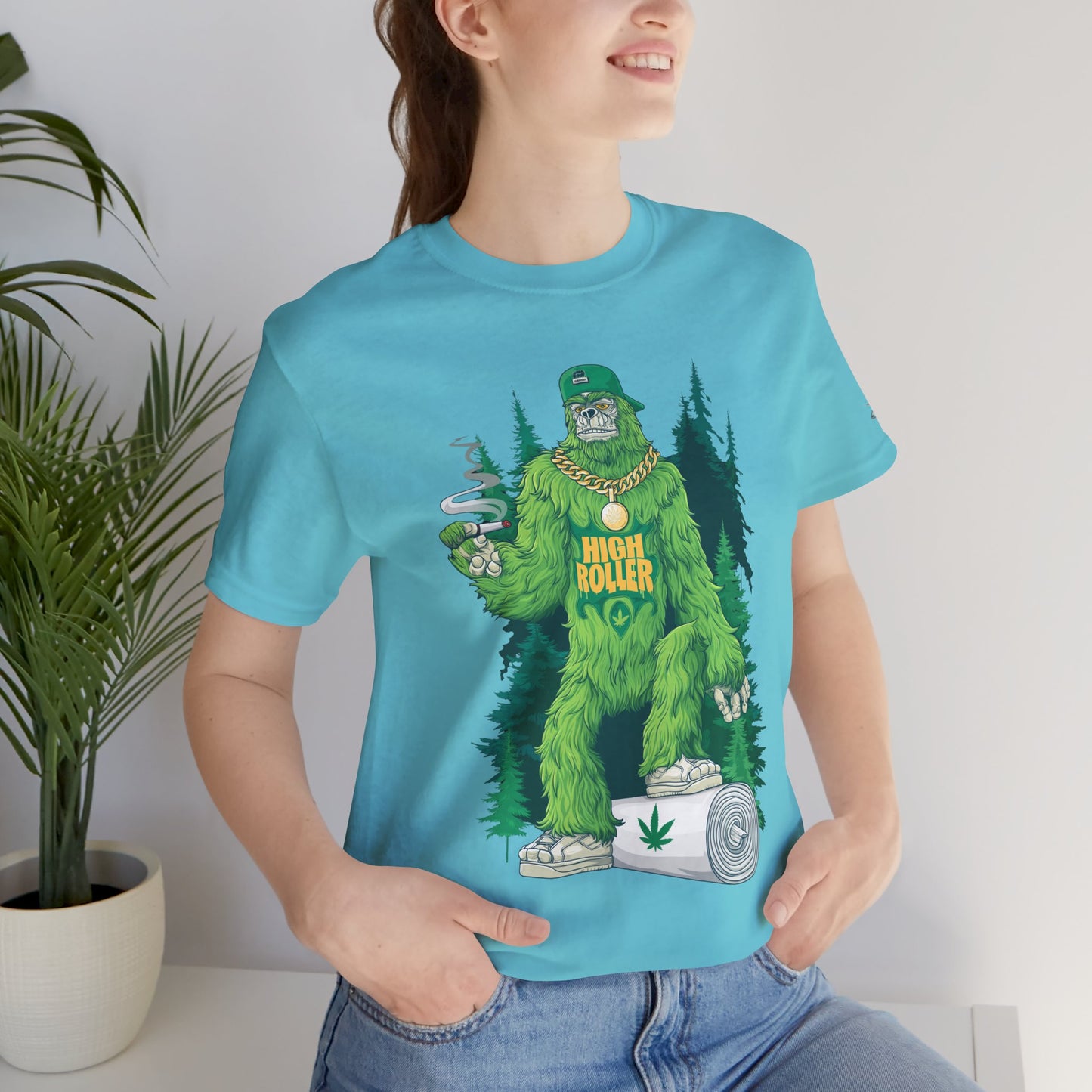 Bigfoot HIGH ROLLER Halloween Cannabis Forest T-Shirt - Premium Sasquatch Lifestyle Legend 420 Apparel