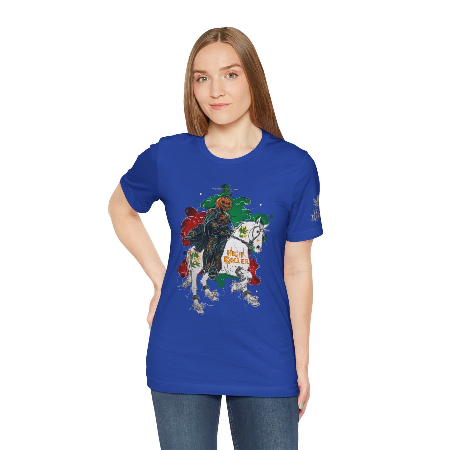 Headless Horseman HIGH ROLLER Halloween Cannabis T-Shirt - Premium Pumpkin Rider Skeletal Steed 420 Apparel