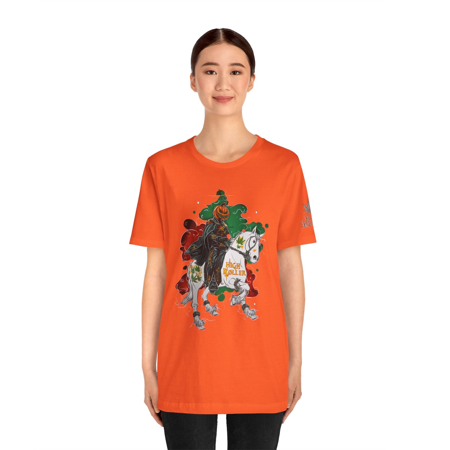Headless Horseman HIGH ROLLER Halloween Cannabis T-Shirt - Premium Pumpkin Rider Skeletal Steed 420 Apparel