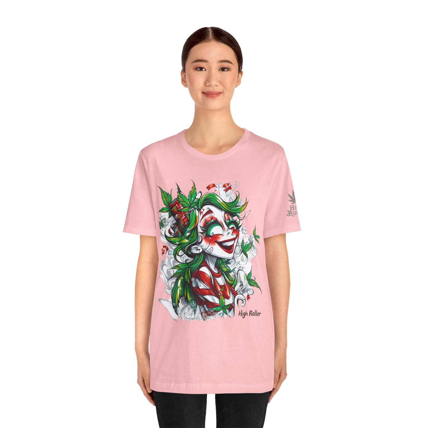 High Roller Jester Queen Cannabis T-Shirt - Premium 420 Harlequin Beauty Holiday Celebration Apparel