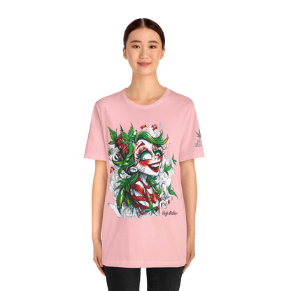 High Roller Jester Queen Cannabis T-Shirt - Premium 420 Harlequin Beauty Holiday Celebration Apparel