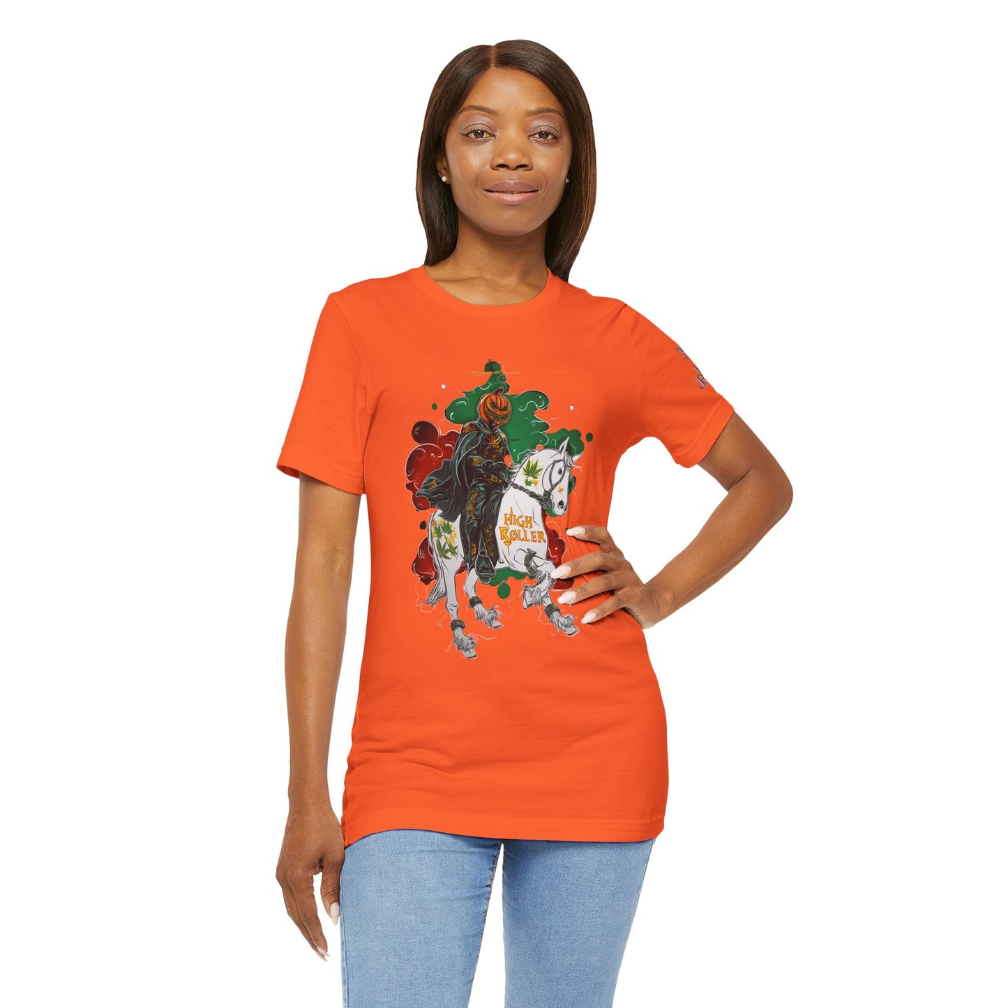Headless Horseman HIGH ROLLER Halloween Cannabis T-Shirt - Premium Pumpkin Rider Skeletal Steed 420 Apparel