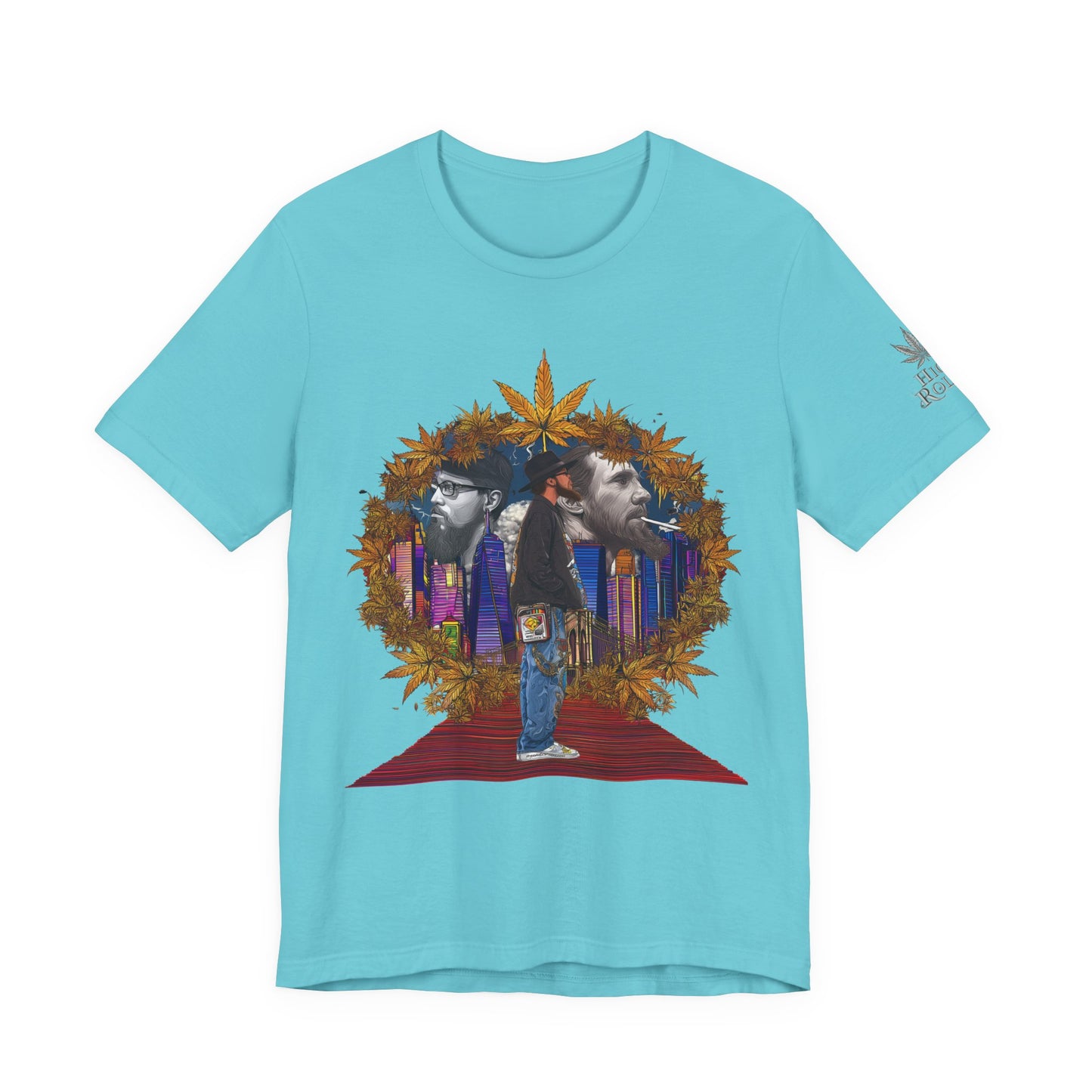 High Roller Red Carpet Cannabis T-Shirt - Premium 420 Hip-Hop Legacy Golden Frame Street Culture Artistic Portrait Apparel