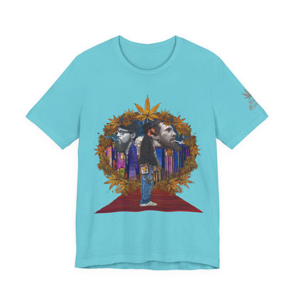 High Roller Red Carpet Cannabis T-Shirt - Premium 420 Hip-Hop Legacy Golden Frame Street Culture Artistic Portrait Apparel