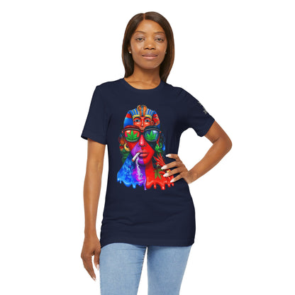 Pharaoh Vision Premium Cannabis Culture T-Shirt - Ancient Egyptian Royalty With Modern Cannabis Celebration And Psychedelic Split-Face Art