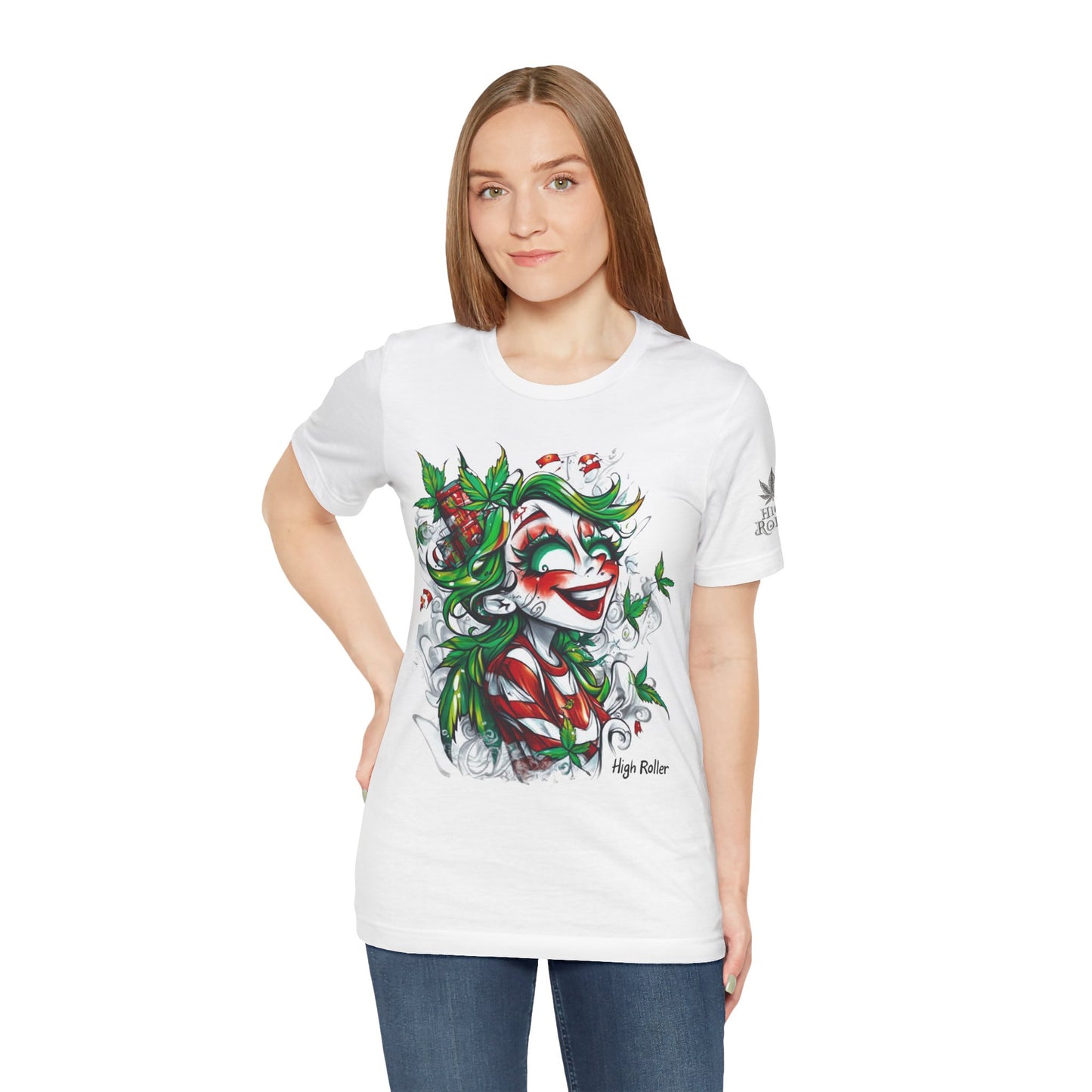 High Roller Jester Queen Cannabis T-Shirt - Premium 420 Harlequin Beauty Holiday Celebration Apparel