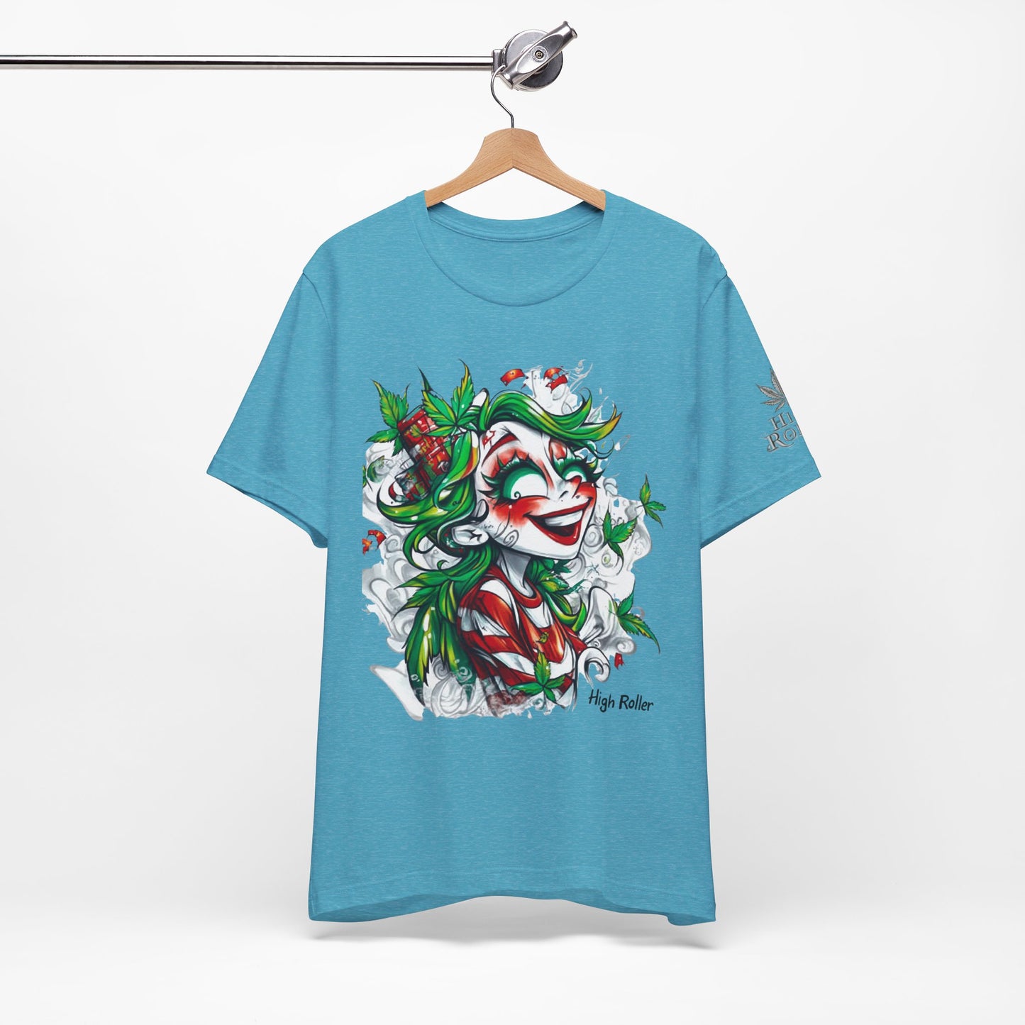 High Roller Jester Queen Cannabis T-Shirt - Premium 420 Harlequin Beauty Holiday Celebration Apparel