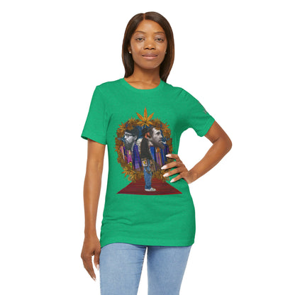 Red Carpet Royalty Premium Cannabis Culture T-Shirt - Hip-Hop Legends Tribute With Golden Cannabis Wreath And City Skyline