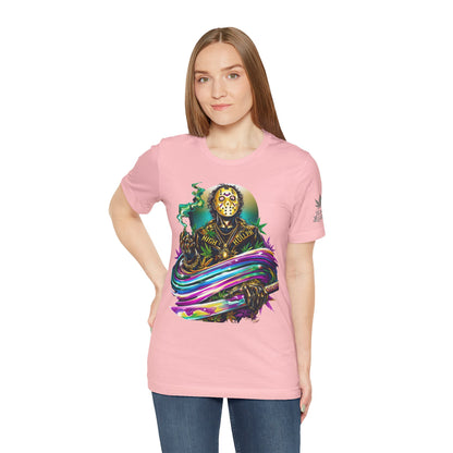 Psychedelic Jason Swoosh Cannabis T-Shirt - Premium Horror 420 Orange Edition Apparel