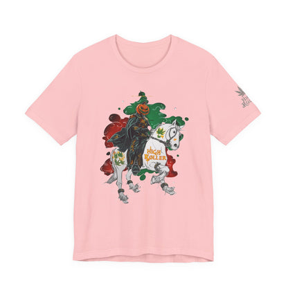 Headless Horseman HIGH ROLLER Halloween Cannabis T-Shirt - Premium Pumpkin Rider Skeletal Steed 420 Apparel