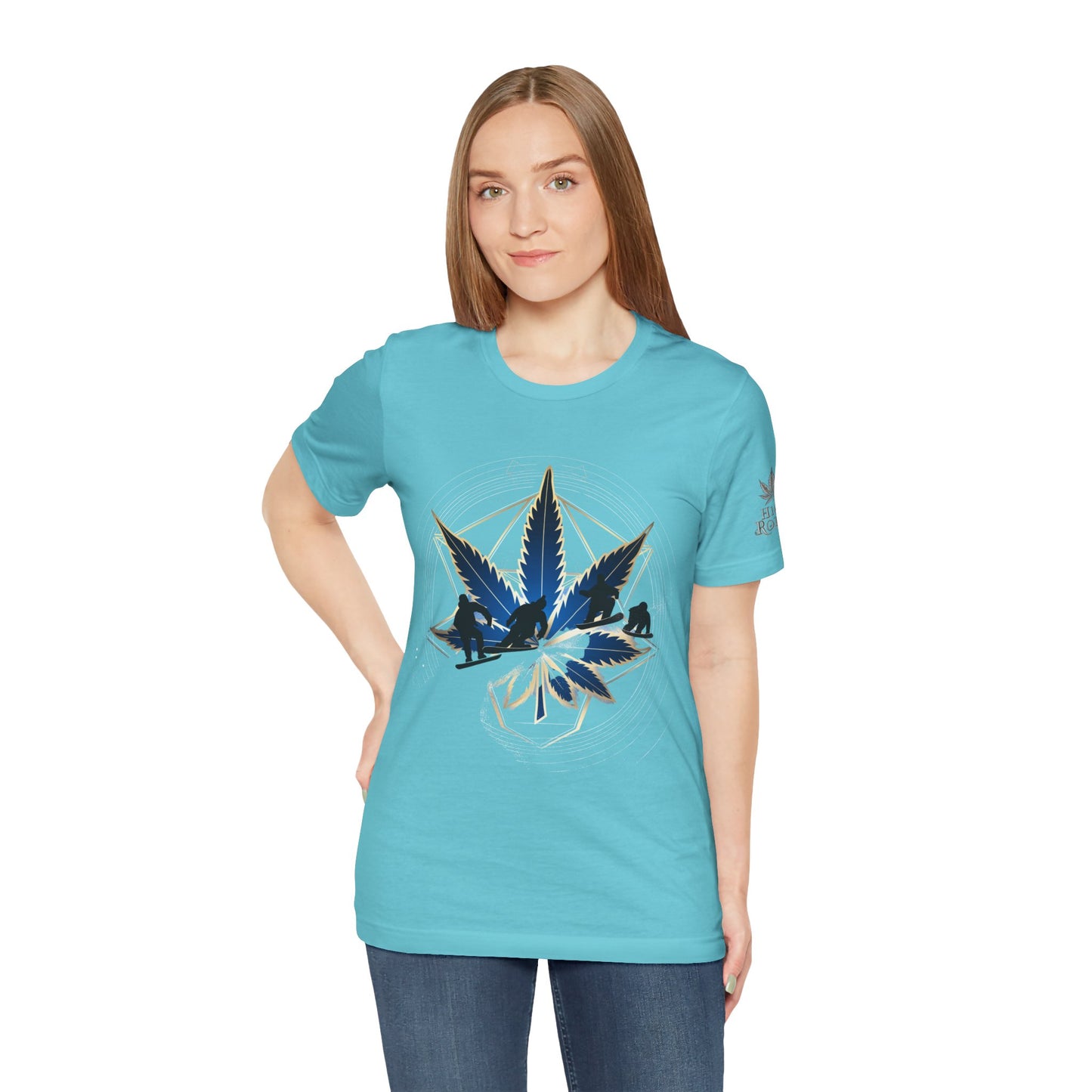 Sacred Geometry Snowboard Premium Cannabis Culture T-Shirt - Emerald Green Tee With Action Sports And Crystalline Cannabis Geometric Mandala