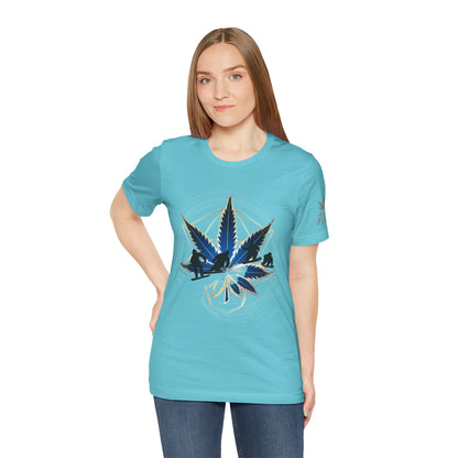 Sacred Geometry Snowboard Premium Cannabis Culture T-Shirt - Emerald Green Tee With Action Sports And Crystalline Cannabis Geometric Mandala