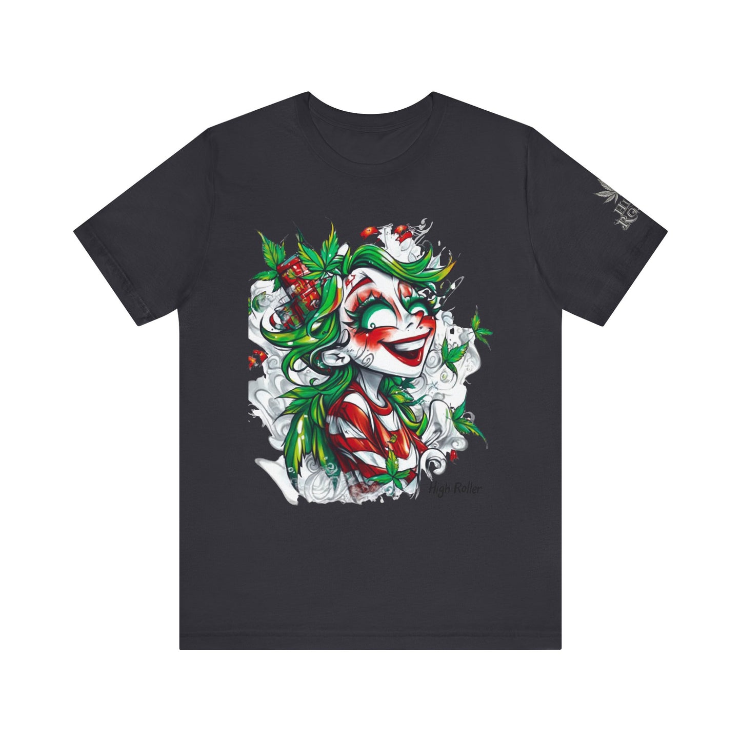 High Roller Jester Queen Cannabis T-Shirt - Premium 420 Harlequin Beauty Holiday Celebration Apparel