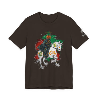 Headless Horseman HIGH ROLLER Halloween Cannabis T-Shirt - Premium Pumpkin Rider Skeletal Steed 420 Apparel