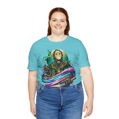 Psychedelic Jason Swoosh Cannabis T-Shirt - Premium Horror 420 Orange Edition Apparel