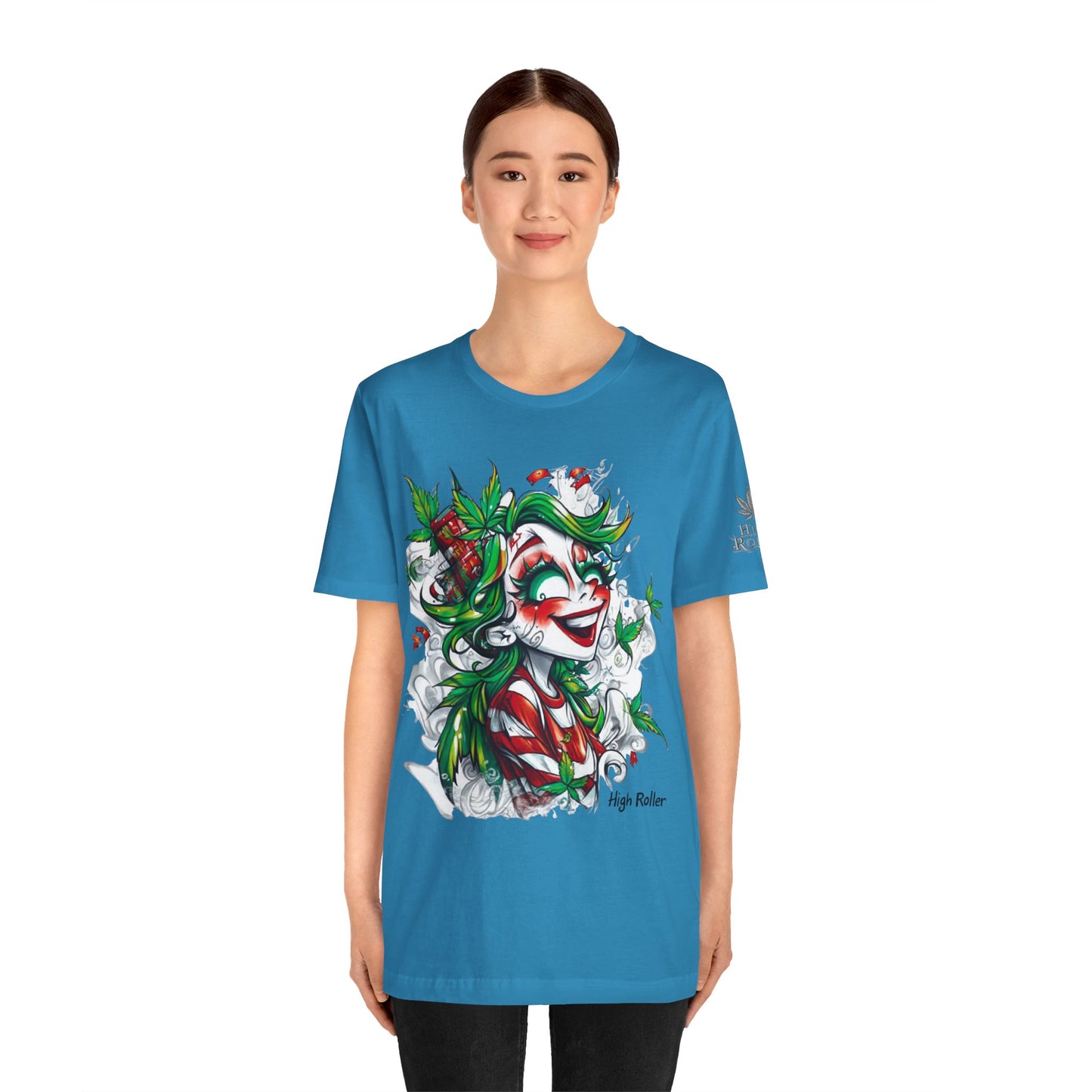 High Roller Jester Queen Cannabis T-Shirt - Premium 420 Harlequin Beauty Holiday Celebration Apparel