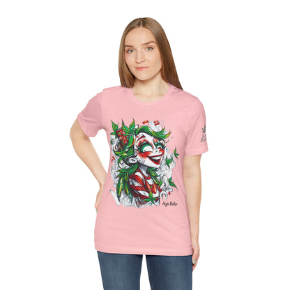 High Roller Jester Queen Cannabis T-Shirt - Premium 420 Harlequin Beauty Holiday Celebration Apparel