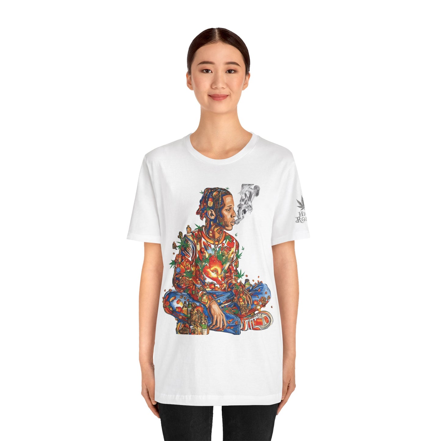 High Roller Meditation Mosaic Cannabis T-Shirt - Premium 420 Hip-Hop Zen Cross-Legged Street Culture Artistic Collage Apparel