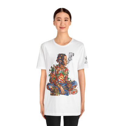 High Roller Meditation Mosaic Cannabis T-Shirt - Premium 420 Hip-Hop Zen Cross-Legged Street Culture Artistic Collage Apparel