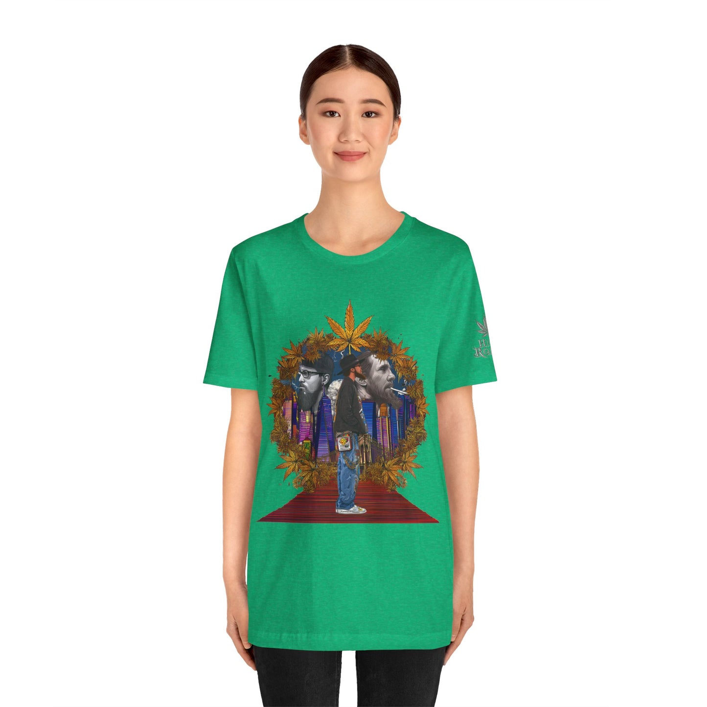 Red Carpet Royalty Premium Cannabis Culture T-Shirt - Hip-Hop Legends Tribute With Golden Cannabis Wreath And City Skyline