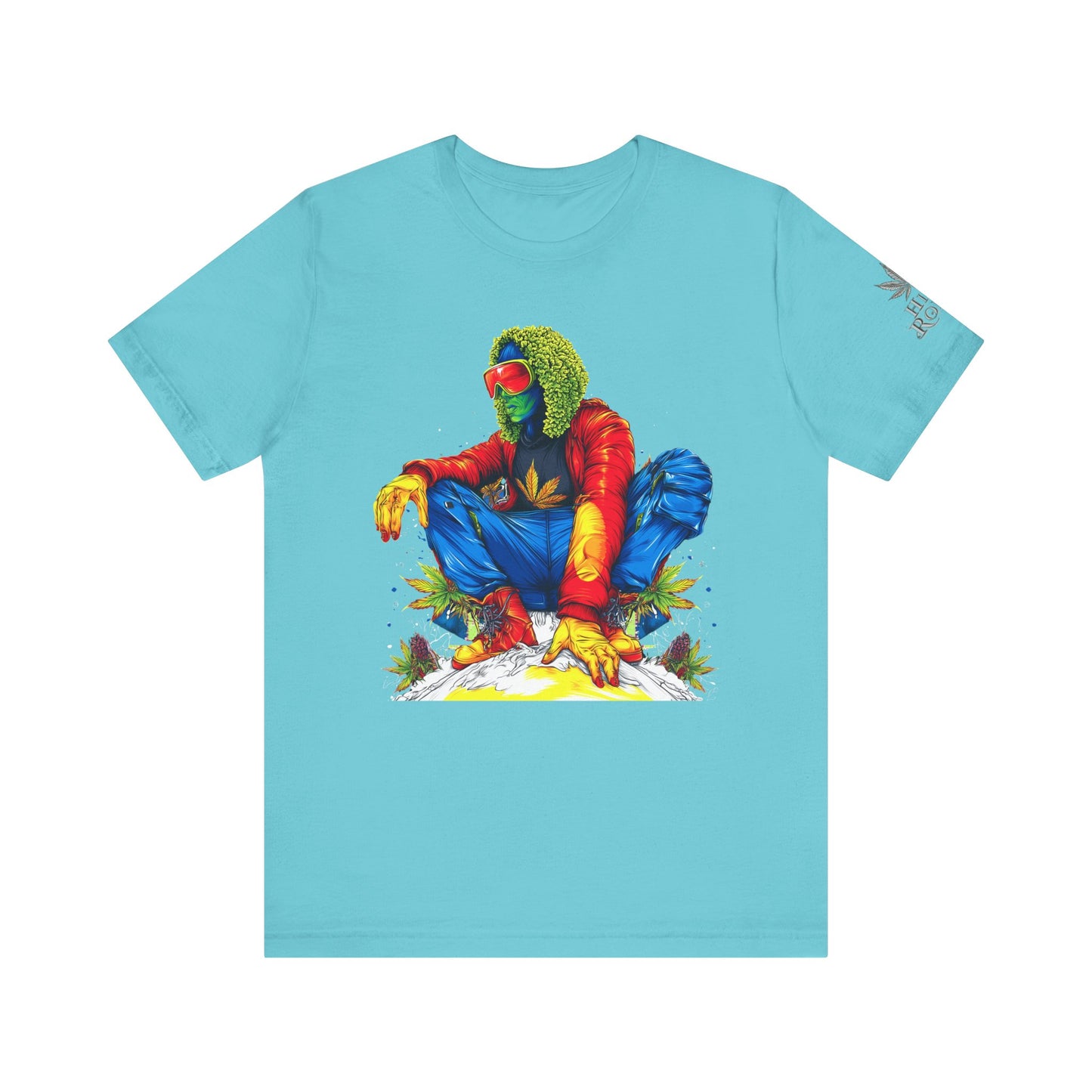 Psychedelic Chill Premium Cannabis Culture T-Shirt - Vibrant Street Art With Rainbow Color Explosion And Meditative Pose