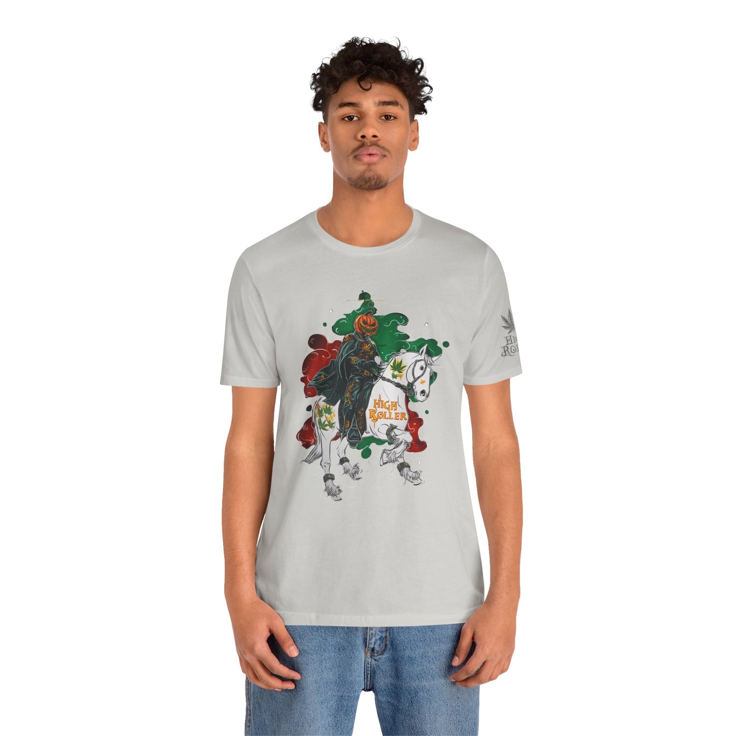 Headless Horseman HIGH ROLLER Halloween Cannabis T-Shirt - Premium Pumpkin Rider Skeletal Steed 420 Apparel
